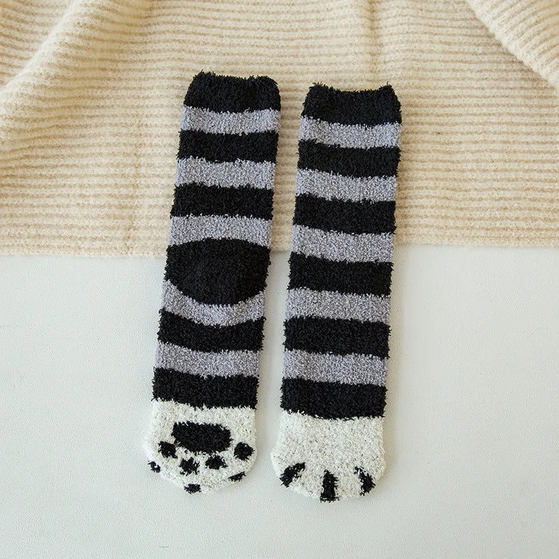 Autumn Winter Coral Velvet Cat Claw Socks – Warm Middle Tube Sleep & Floor Socks for Women Girls