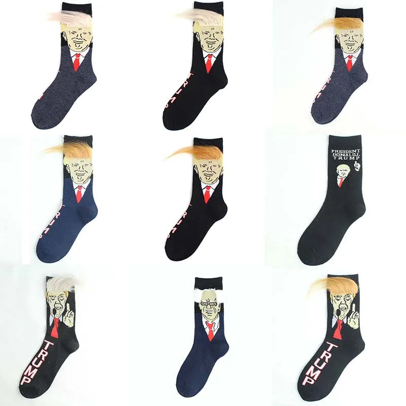 2024 Donald Trump Funny Socks – Spoof Character Crew Socks with 3D Fake Hair for Men & Women