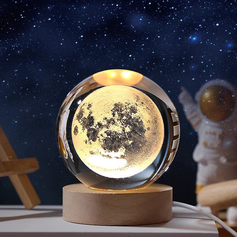 3D Moon Crystal Ball Night Light - Galaxy Solar System Saturn Glass Globe for Home Decoration