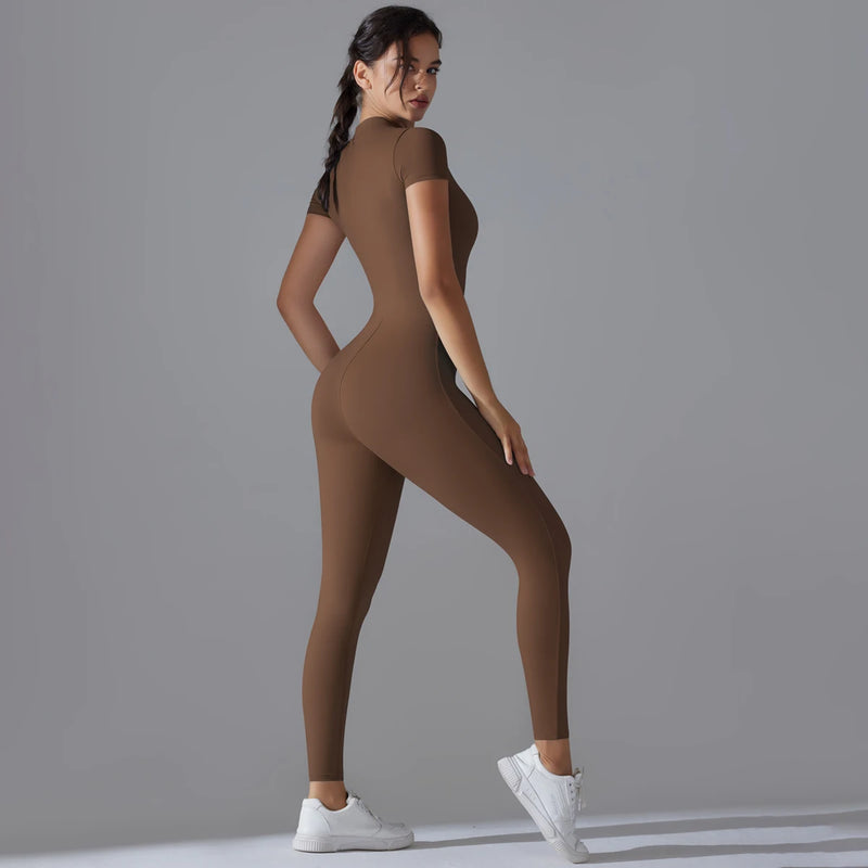 Women's One-Piece Yoga Jumpsuit | Short Sleeve Zipper Bodysuit | Gym Push-Up Fitness Tracksuit