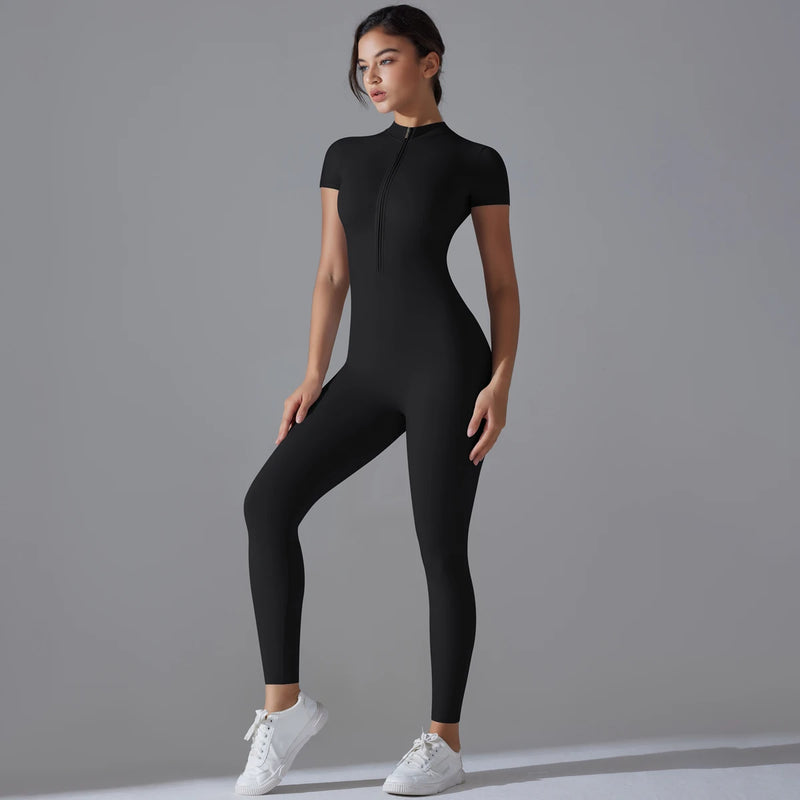 Women's One-Piece Yoga Jumpsuit | Short Sleeve Zipper Bodysuit | Gym Push-Up Fitness Tracksuit