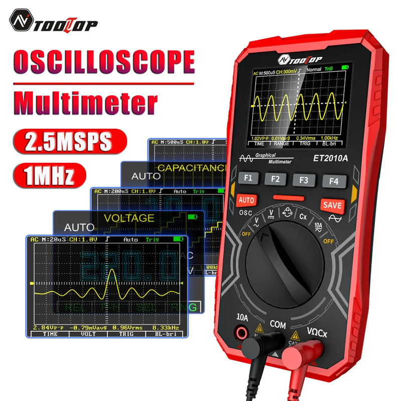 TOOLTOP ET2010A 2-in-1 Digital Oscilloscope Multimeter – 2.5Msps, 1MHz Bandwidth, Portable Tester