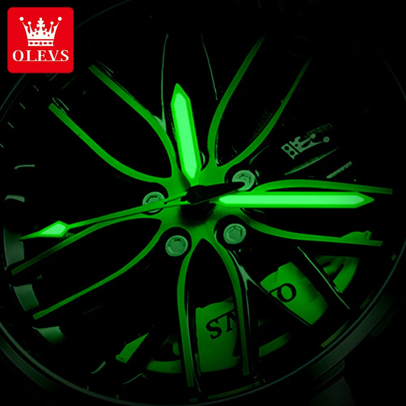 OLEVS Luxury Men's Watch – Sporty Wheel Design, Waterproof, Luminous Hands, Quartz Movement