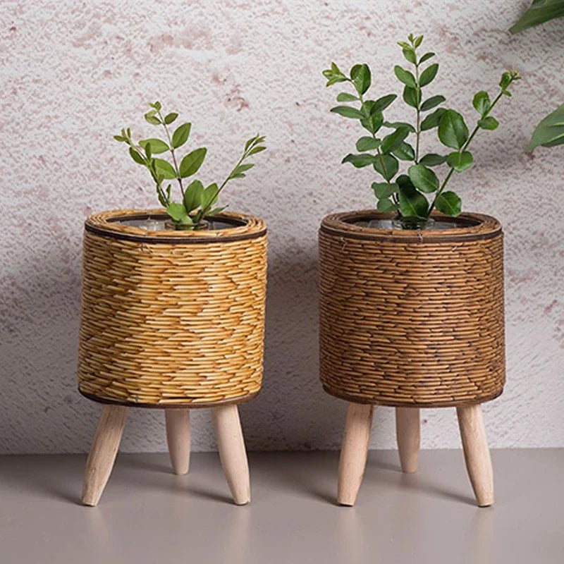 Nordic Style Imitation Rattan Flower Pot – Hand-Woven Planter Stand, Garden Décor & Home Storage Basket