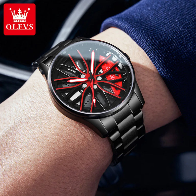 OLEVS Luxury Men's Watch – Sporty Wheel Design, Waterproof, Luminous Hands, Quartz Movement