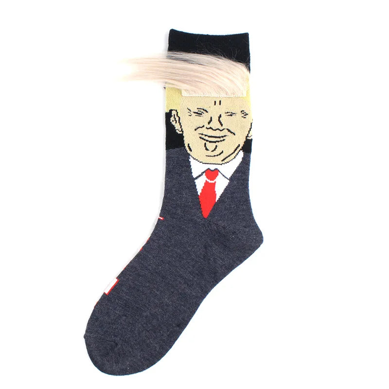 2024 Donald Trump Funny Socks – Spoof Character Crew Socks with 3D Fake Hair for Men & Women