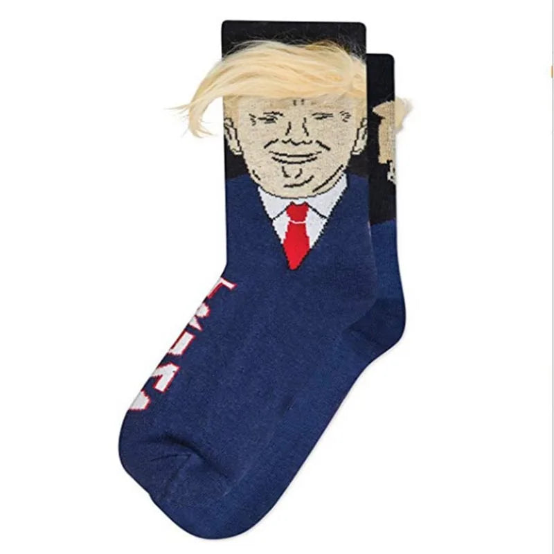 2024 Donald Trump Funny Socks – Spoof Character Crew Socks with 3D Fake Hair for Men & Women