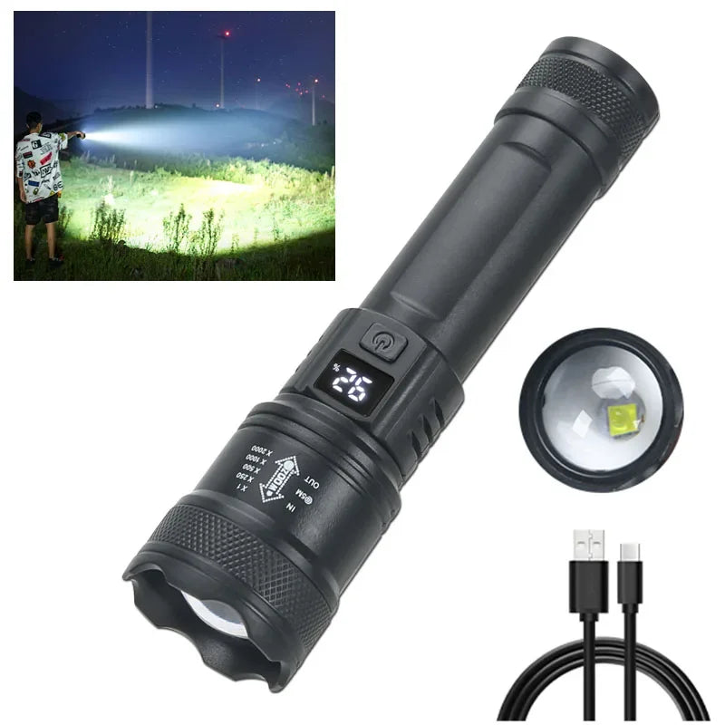 HIGH-POWER LED FLASHLIGHT – 2000LM TACTICAL TORCH WITH DISPLAY LIGHT, USB RECHARGEABLE & ZOOM FUNCTION