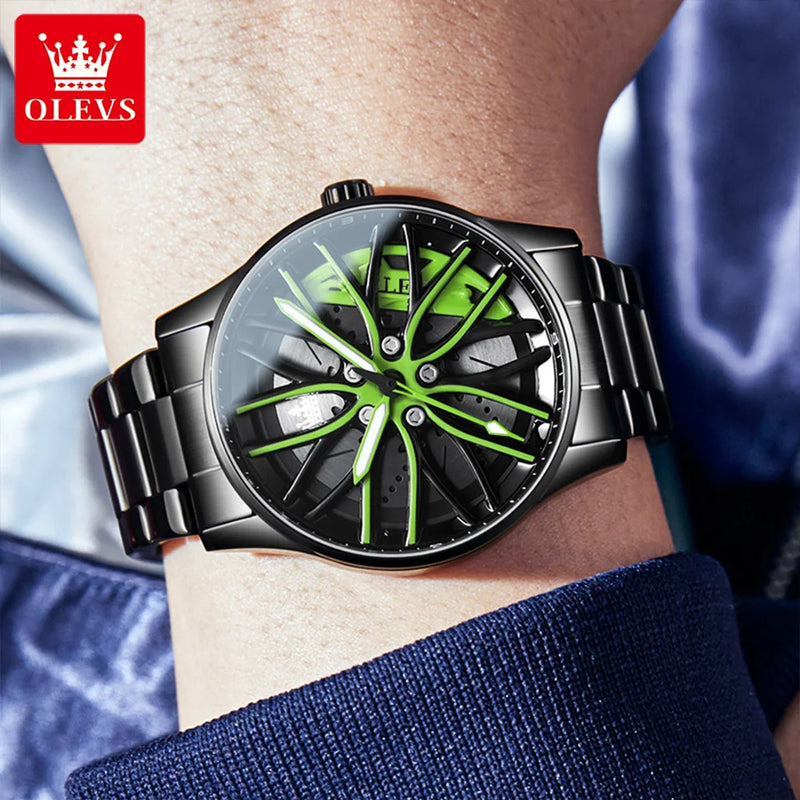 OLEVS Luxury Men's Watch – Sporty Wheel Design, Waterproof, Luminous Hands, Quartz Movement