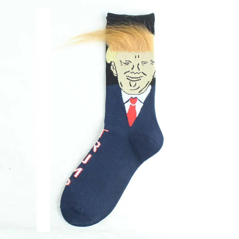 2024 Donald Trump Funny Socks – Spoof Character Crew Socks with 3D Fake Hair for Men & Women