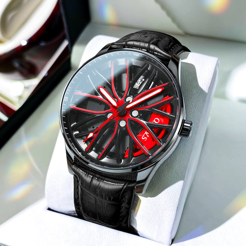 OLEVS Luxury Men's Watch – Sporty Wheel Design, Waterproof, Luminous Hands, Quartz Movement