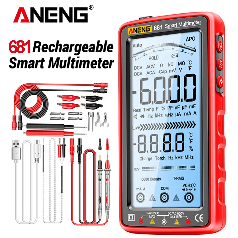 ANENG 681 Rechargeable Digital Multimeter – 6000 Counts, True RMS, Non-Contact Voltage Tester, LCD Display