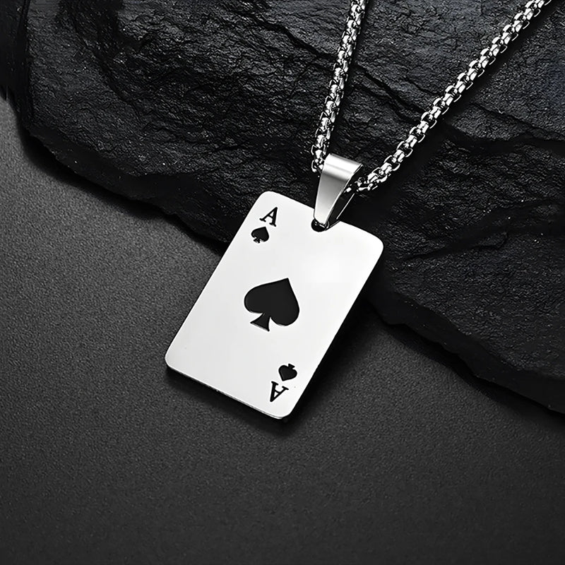 Hip Hop Stainless Steel Poker Card Necklace – Ace of Spades & Hearts Pendant Chain for Men & Women