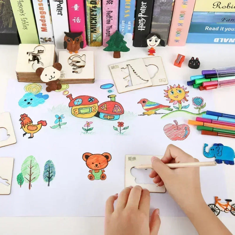 20pcs Kids Wooden Drawing Stencils – Montessori Educational DIY Painting Toys for Children’s Gifts