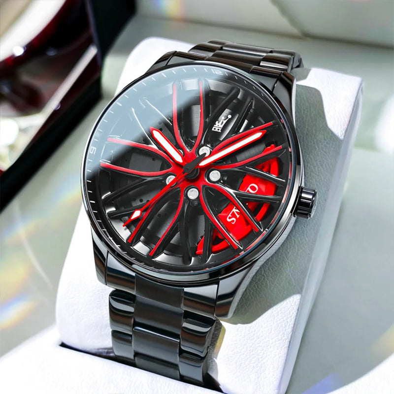 OLEVS Luxury Men's Watch – Sporty Wheel Design, Waterproof, Luminous Hands, Quartz Movement