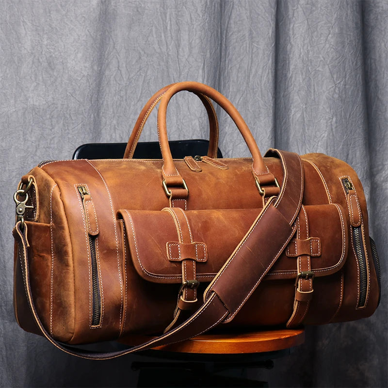 MUNUKI Vintage Crazy Horse Leather Travel Duffle Bag | Large Genuine Leather Weekend Tote