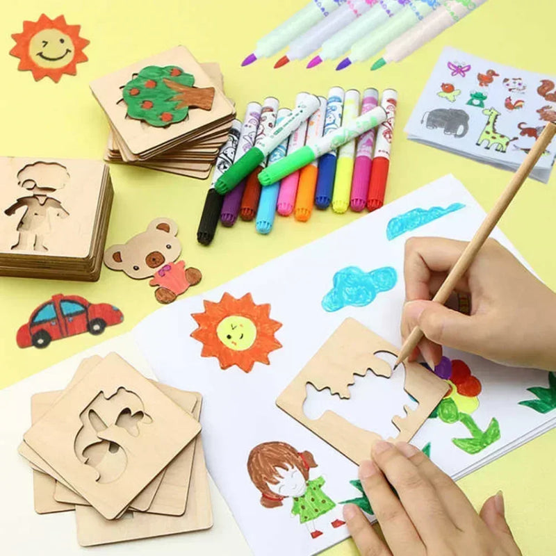 20pcs Kids Wooden Drawing Stencils – Montessori Educational DIY Painting Toys for Children’s Gifts