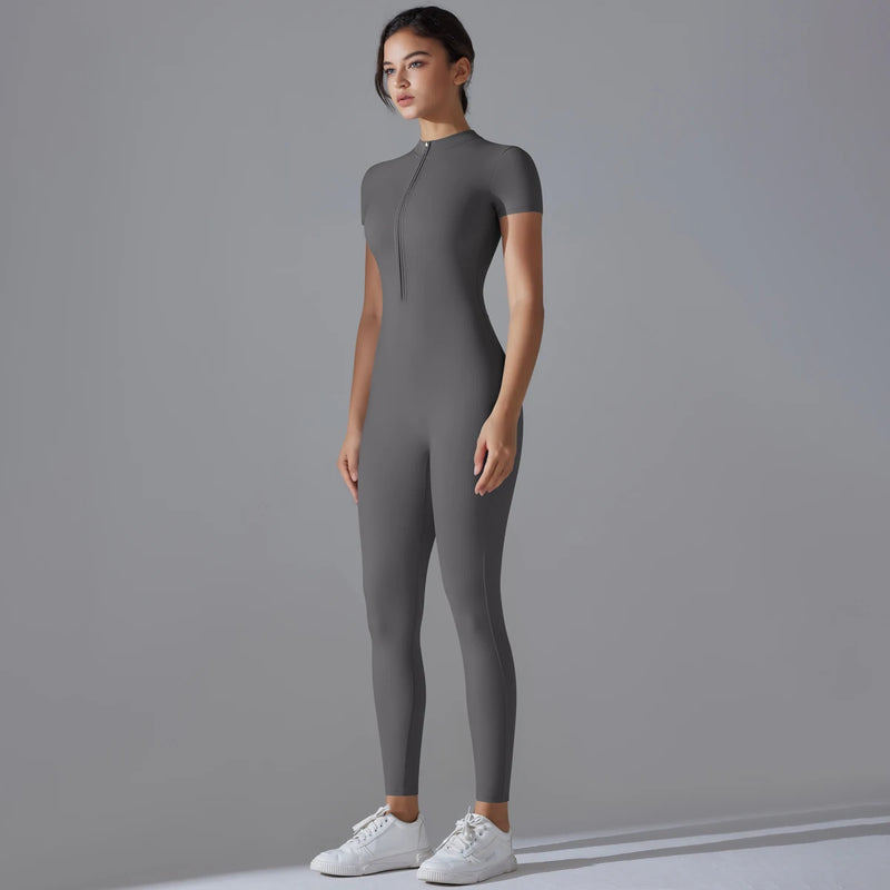 Women's One-Piece Yoga Jumpsuit | Short Sleeve Zipper Bodysuit | Gym Push-Up Fitness Tracksuit