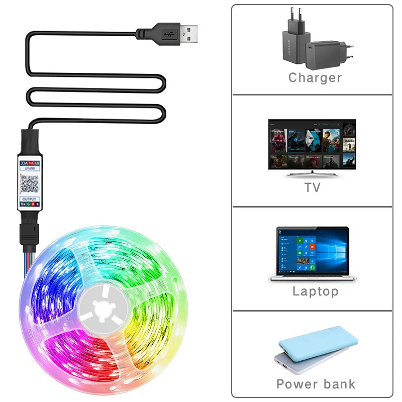 RGB 5050 LED Strip Light - Bluetooth App Controlled 5V USB Flexible Tape for TV Backlight Decor